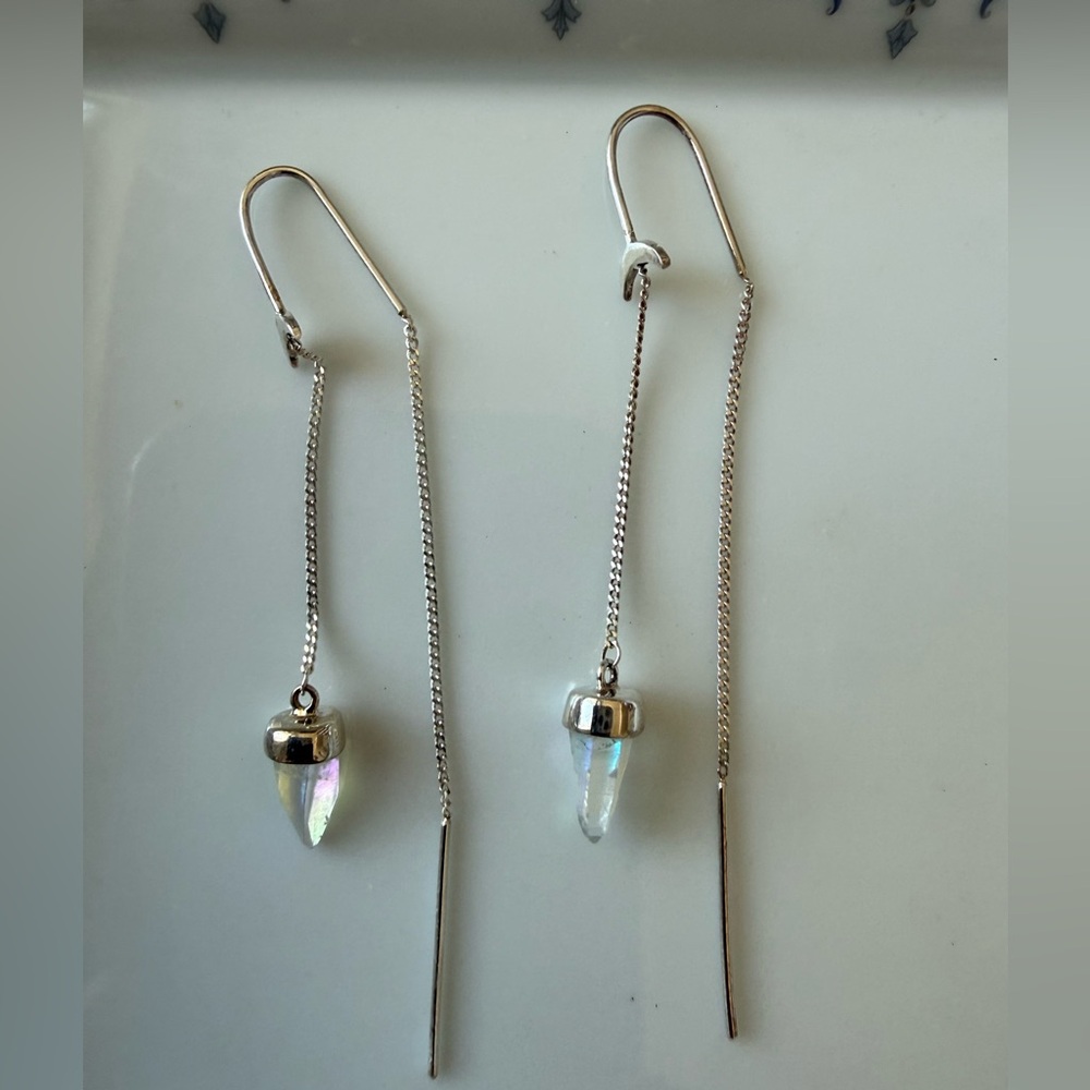 NWT - Fierce Forward Drops of Divine Angle Aura Quartz Silver Threader Earring